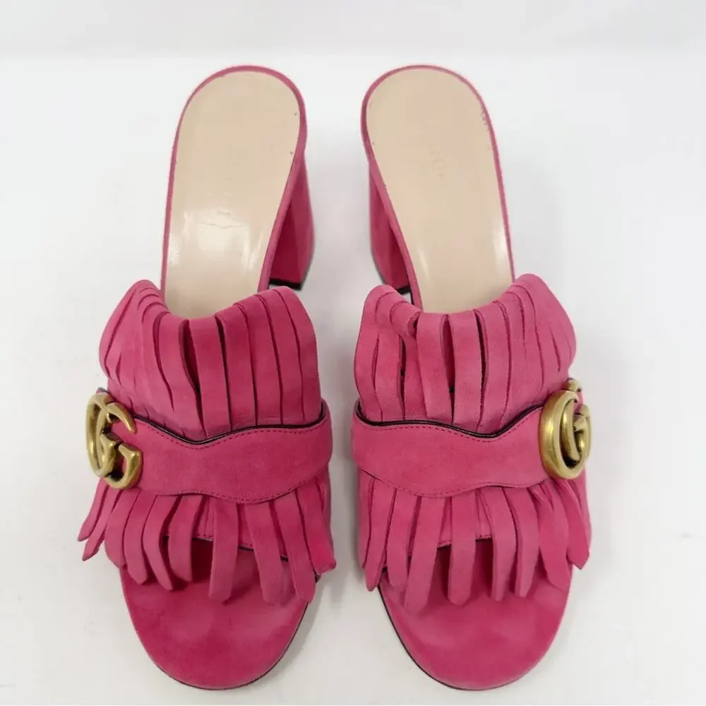 Gucci GG Marmont Pink Fringe Mule Sandals Block Heel Womens Size EU 38.5 - Picture 3 of 11